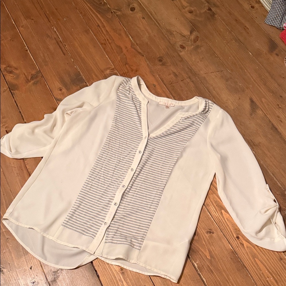 Cream Button-Down Blouse with Light Gray Striped Front